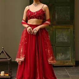 Lavanya The Label Maroon & Gold-Toned Embroidered Thread Work Ready to Wear Lehenga & Blouse With Dupatta-picture-4