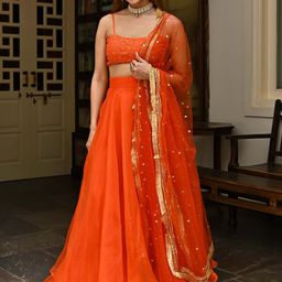 Lavanya The Label Orange & Gold-Toned Embroidered Thread Work Ready to Wear Lehenga & Blouse With Dupatta-image-57