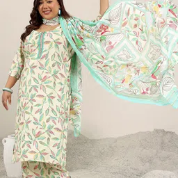 EXTRA LOVE BY LIBAS Plus Size Floral Printed Thread Work Kurta With Palazzo & Dupatta-image-89