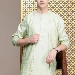 House of Pataudi Men Jashn Ethnic Motifs Regular Thread Work Kurta &Trousers With Jacket-53