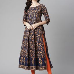 Poshak Hub Women Navy Blue & Orange Printed Pure Cotton Anarkali Kurta with Churidar-53
