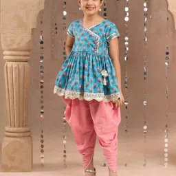 LIL DRAMA Girls Floral Printed Gotta Patti Pure Cotton Anarkali Kurta With Dhoti Pant-image-38