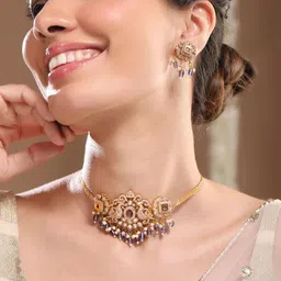 Rubans 22K Gold Plated Blue Stone & CubicZirconia Studed Choker Set with Blue & Pearl Bead-picture-22