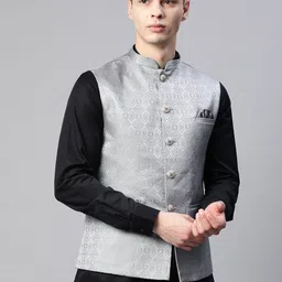 ESSAS club Men Diamond Weave Jacquard Nehru Jacket with Pocket Square-61