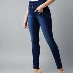DOLCE CRUDO Women Navy Blue Regular Fit High-Rise Stretchable Clean Look Jeans-image-1