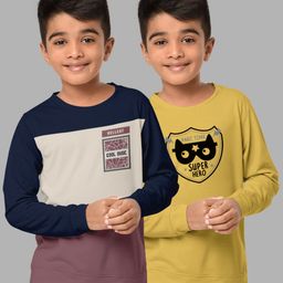 HELLCAT Boys Mustard Yellow & Navy Blue Pack Of 2 Colourblocked T-shirt-image-69