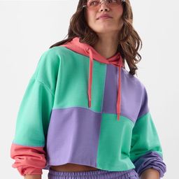 The Souled Store Purple & Sea Green Orchid Sorbet Colourblocked Hooded Cropped Sweatshirt-image-9
