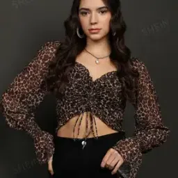 Shein Casual Animal Print Peasant Sleeves Sweetheart Neck Blouse Top-image-48