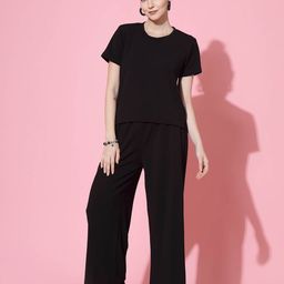 Oomph! Women Solid Round Neck T-shirt And Wide Leg Trousers Co-Ords Set-image-92