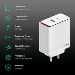 OnePlus VCBAUAIH 100W Type A and Type C 2-Port Fast Charger (1 Type C to Type C, 1 Type A to Type C, SUPERVOOC, White) image 2