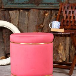 Shadowkart Peach Colored Velvet & Wooden Round Ottoman-image-86