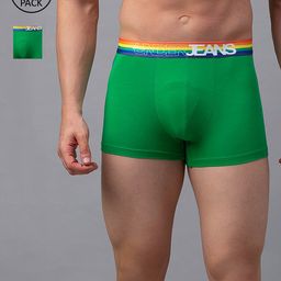 UnderJeans by Spykar Men Pack Of 2 Green Solid Cotton Blend Mid Rise Trunks-32