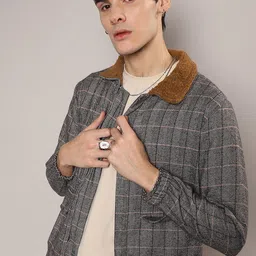 Campus Sutra Checked Windcheater Faux Fur Trim Cotton Tailored Jacket-18