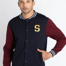 Status Quo Colourblocked Striped Cotton Varsity Jacket With Patchwork-image-21