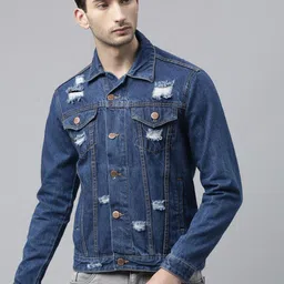 CINOCCI Men Blue Washed Denim Jacket with Patchwork-image-38
