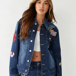 True Religion Typography Printed Spread Collar Denim Jacket-picture-18