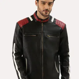 Leather Retail Men Black Outdoor Biker Jacket with Patchwork-picture-32