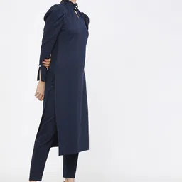 Vishudh Women Navy Blue Keyhole Neck Cold-Shoulder Sleeves Patchwork Kurta-image-62