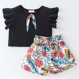 CrayonFlakes Girls Floral Printed Futter Sleeve Top with Shorts-46