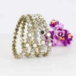 ZULKA Set of 4 Fancy Mirror Work Metal Bangleswith Diamond Stone-image-3