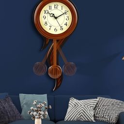 Attractionz Brown & Beige Round Shaped Contemporary Pendulum Analogue Wall Clock-image-38