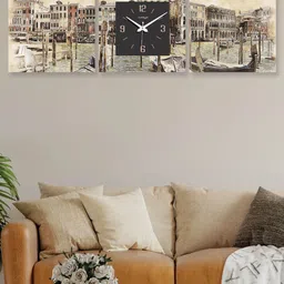 RANDOM Black & Beige 3 Pieces Printed Contemporary Analogue Wall Clock & Wall Art-20
