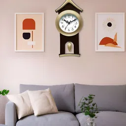 Attractionz Gold-Toned Round Pendulum Analogue Wall Clock-image-90