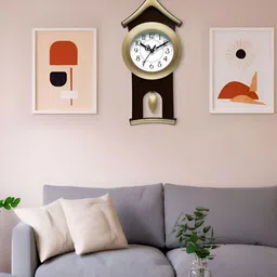 Attractionz Gold-Toned & White Round Shaped Contemporary Pendulum Analogue Wall Clock-image-79