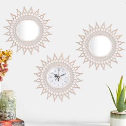 Home Centre Set Of 3 White & Brown Mirrors And Clock image 1