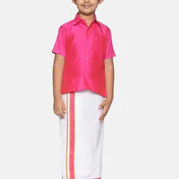 Sethukrishna Boys Pink & White Shirt with Veshti Set-image-53
