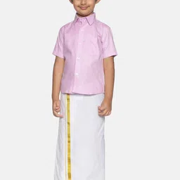 Sethukrishna Boys Pink & White Pure Cotton Shirt with Dhotis-44