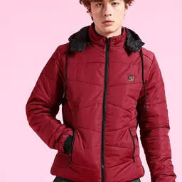 The Indian Garage Co Men Burgundy Striped Longline Outdoor Padded Jacket-image-5