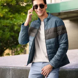 Flying Machine Men Navy Blue Colourblocked Stand Collared Padded Jacket-17