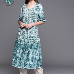 Biba Women Green & White Geometric Dyed Kurta with Mask-picture-14