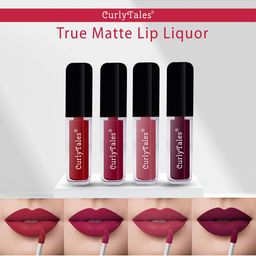 CurlyTales Set of 4 Lightweight & Waterproof True Matte Liquid Lipsticks 4 ml Each-Red 03 - Cherry Red 07 - Pink Nude 08 - Wine 15-11