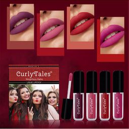 CurlyTales Set of 4 Lightweight & Waterproof True Matte Liquid Lipsticks 3 ml Each-Wine 15 - Peach 02 - Red 03 - Pink 12-8
