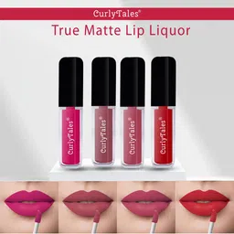 CurlyTales Set of 4 Lightweight & Waterproof True Matte Liquid Lipsticks 4 ml Each-Magenta Pink 05 - Nude 09 - Peach 10 - Red 11-15