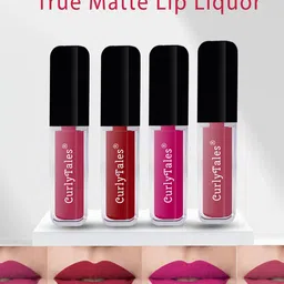 CurlyTales Set of 4 Lightweight & Waterproof True Matte Liquid Lipsticks 4 ml Each-Peach 02 - Red 03 - Magenta 04 - Peach 10-14