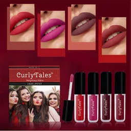 CurlyTales Set of 4 Lightweight & Waterproof True Matte Liquid Lipsticks 3 ml Each-Red 11 - Pink 12 - Wine 13 - Maroon 14-5