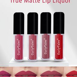 CurlyTales Set of 4 Lightweight & Waterproof True Matte Liquid Lipsticks 4 ml Each-Peach 02 - Pink Nude 08 - Nude 09 - Red 11-36