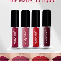 CurlyTales Set of 4 Lightweight & Waterproof True Matte Liquid Lipsticks 4 ml Each-Cherry Red 07 - Peach 10 - Red 11 - Wine 13-12