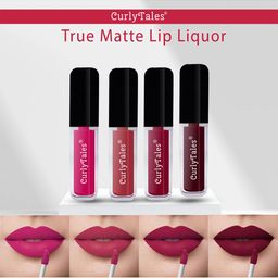 CurlyTales Set of 4 Lightweight & Waterproof True Matte Liquid Lipsticks 4 ml Each-Magenta Pink 05 - Brick Red 06 - Cherry Red 07 - Wine 13-14