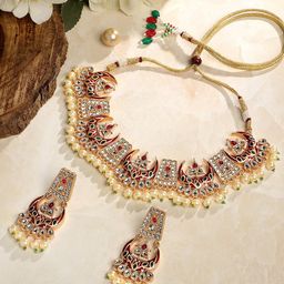 ASMITTA JEWELLERY 18KT Gold-Plated CZ & Kundan Studded and Beaded Meenakari Jewellery Set-image-19