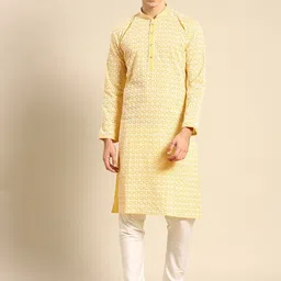 RAJUBHAI HARGOVINDAS Men Yellow & White Ethnic Motifs Embroidered Chikankari Kurta-picture-49