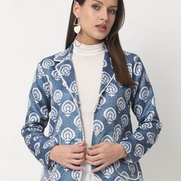 angloindu Printed Lightweight Satin Single-Breasted Blazer-image-53