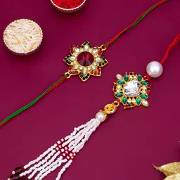 Sukkhi Rakhi Unisex White & Red Stone-Studded Rakhi Lumba Set With Roli Chawal & Greeting Card-image-36