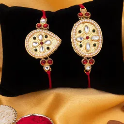Sukkhi Rakhi Men Set Of 2 Gold-Toned White & Red Rakhi With Roli Chawal & Greeting Card-image-42