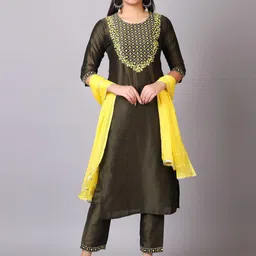 V TRADITION Ethnic Motifs Yoke Design Thread Work Kurta with Trousers & Dupatta-15
