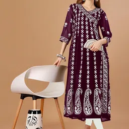 FabFairy Floral Embroidered Chikankari V-Neck Anarkali Kurta-picture-27
