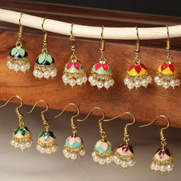 OOMPH Gold-Toned & Green Pack Of 6 Dome Shaped Drop Earrings-12